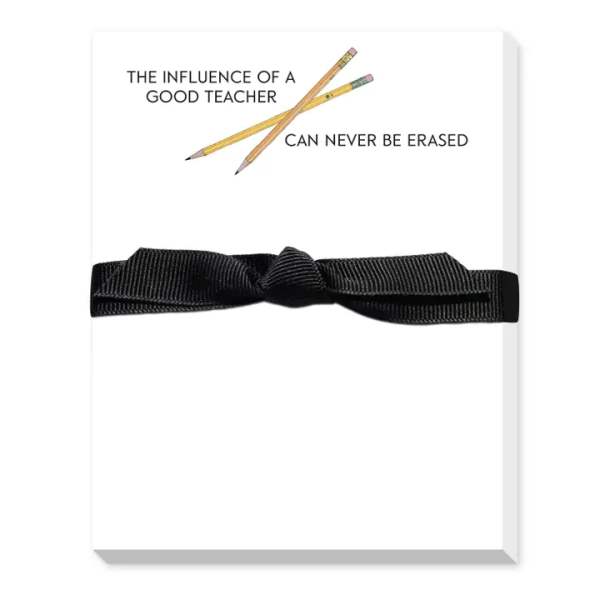 White teacher-themed notepad with two pencils, quote text, and a black ribbon tied across the middle