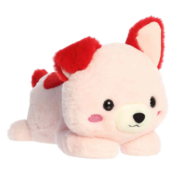 Plush pink-and-white dog toy with red ears and spots