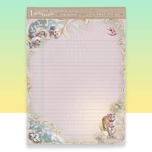 Decorative lined notepad with floral border and tiger illustration