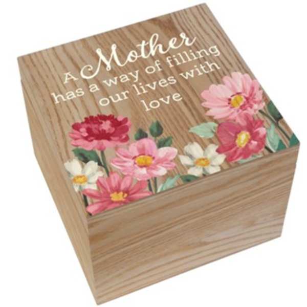 Wooden keepsake box with floral design and memorial text