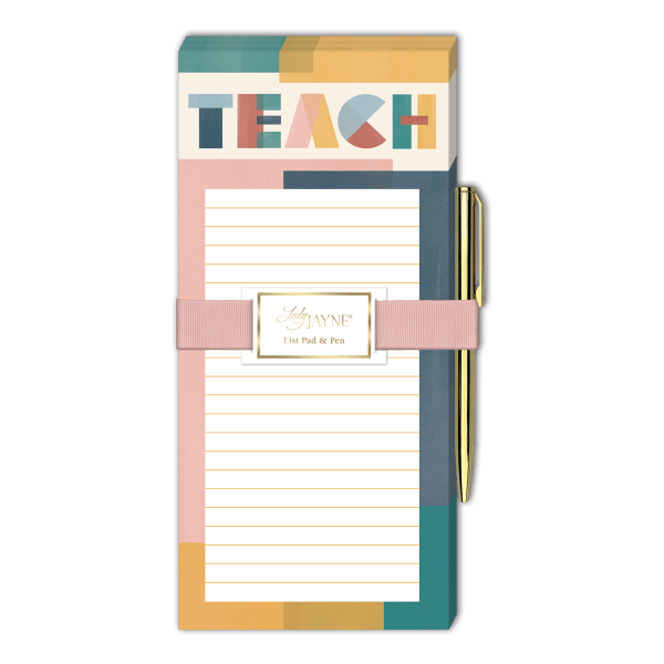 Teacher-themed list pad and pen set with colorful cover