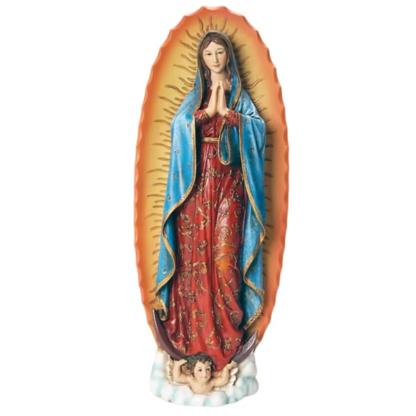 Religious statue of the Virgin Mary in blue and red robes