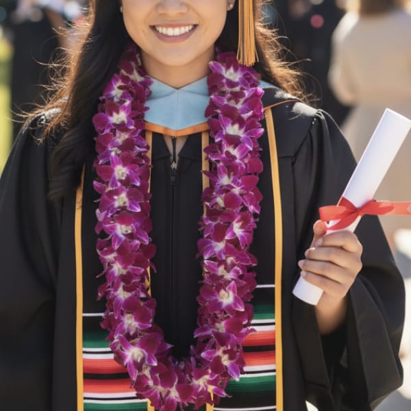 Purple orchid lei worn by a graduate in a black cap and gown holding a rolled diploma