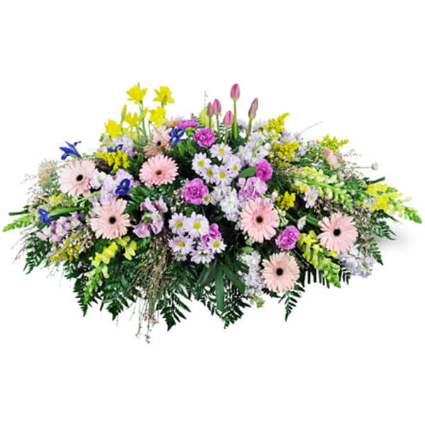 Large pastel floral spray with daisies and tulips