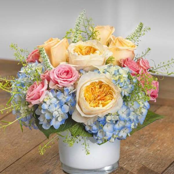Pastel bouquet of peach and pink roses with blue hydrangeas in a white cylinder vase
