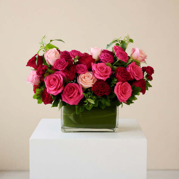 Pink and red roses arranged in a square glass vase