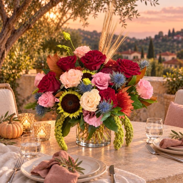 Mixed bouquet of roses, carnations, and sunflowers in a glass vase on a table