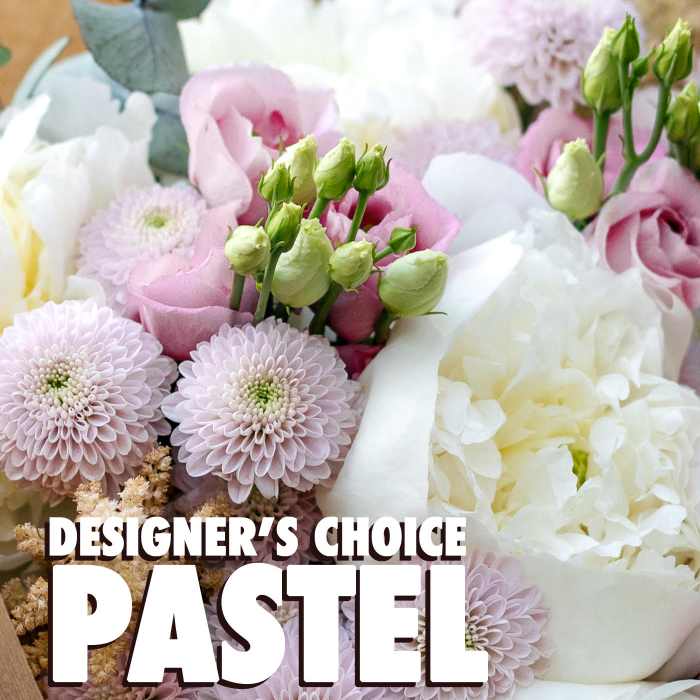 Pastel bouquet with white peonies, pale lavender mums, and pink lisianthus blooms and buds