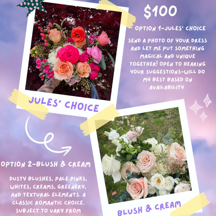 Promotional graphic showing two bouquet photos with pink and cream flowers.