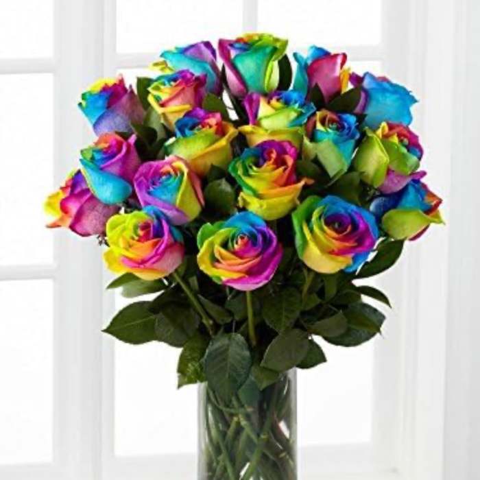Rainbow-colored roses in a clear glass vase