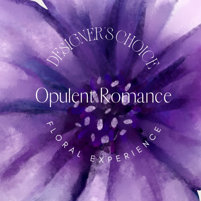 Purple abstract flower illustration with text reading Opulent Romance Designer's Choice