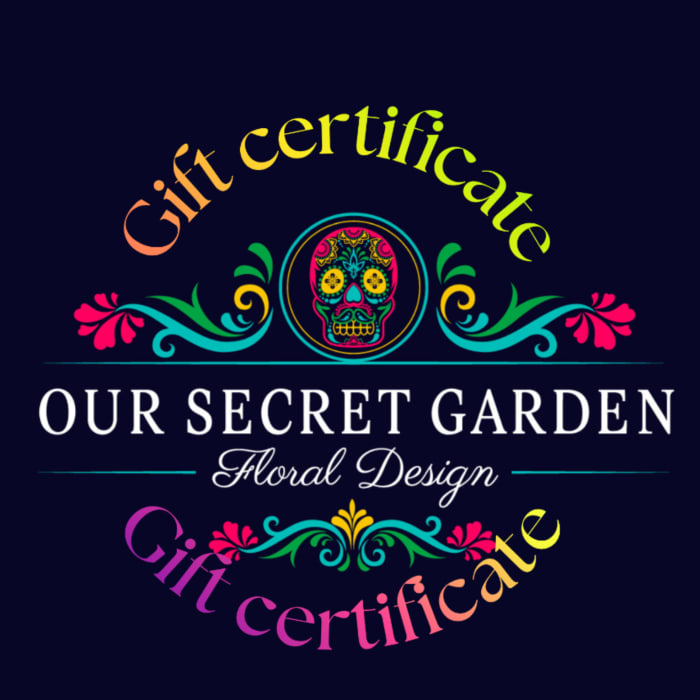 Gift certificate graphic with colorful floral ornament and skull emblem