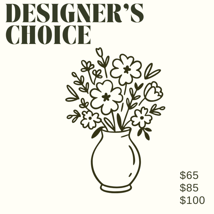 Graphic of a mixed flower arrangement in a vase labeled Designer's Choice with prices listed.