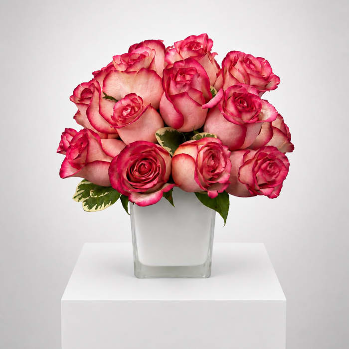 Pink roses arranged in a clear square vase
