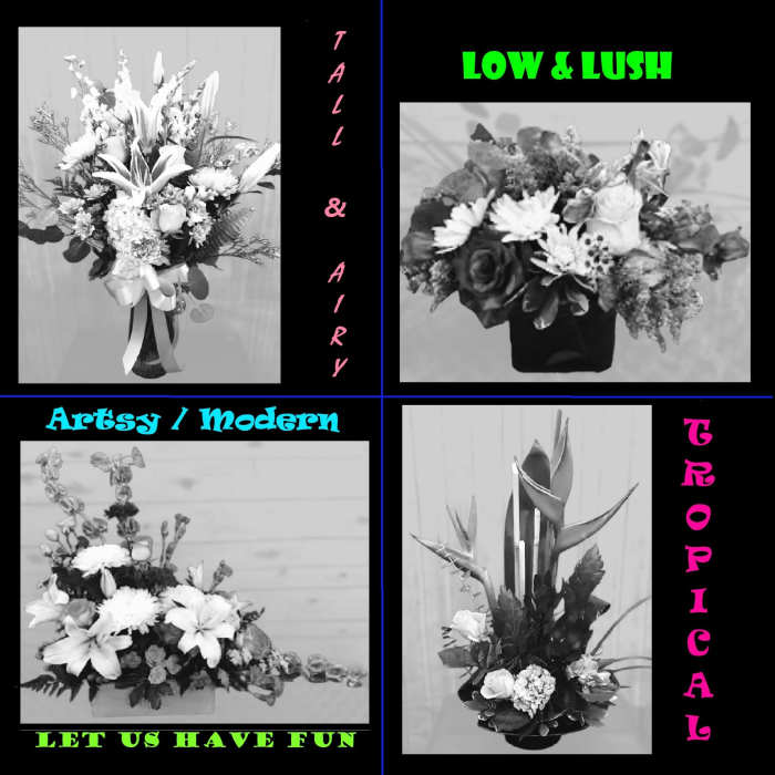 Collage of four floral arrangements in black-and-white with style labels.
