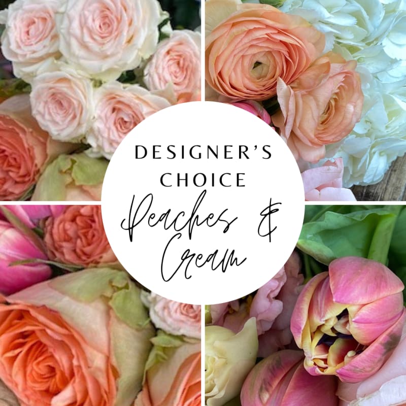 Collage of peach and cream flowers including roses, ranunculus, and tulips
