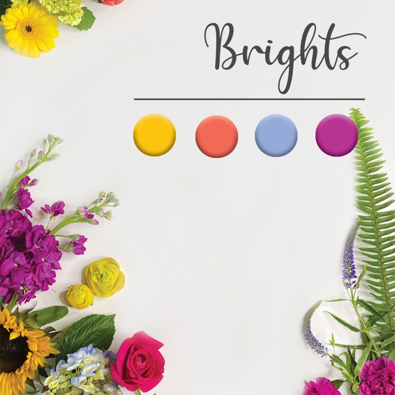 Bright floral border of sunflowers, roses, hydrangea, and other flowers framing the word Brights.