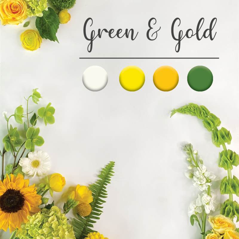 Yellow and green floral arrangement with sunflowers and roses around the edges