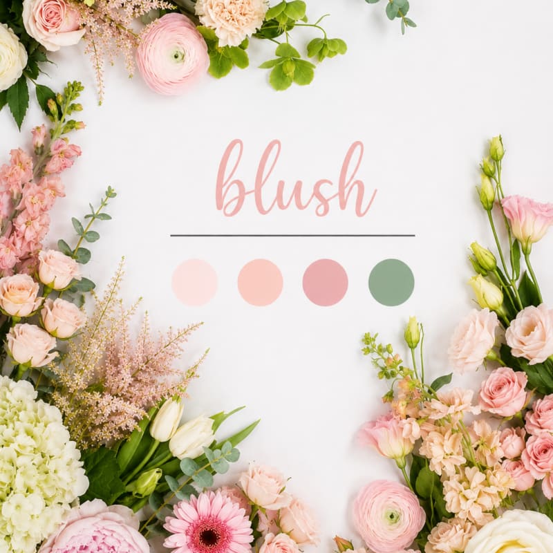 Pastel floral frame around the word blush on a white background