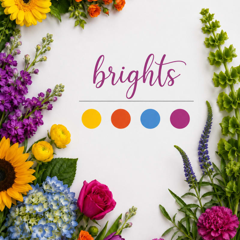 Bright mixed flowers framing the word "brights" on a white background