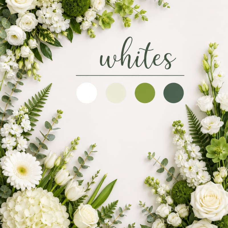 White floral frame with roses, hydrangeas, and green accents around the word whites