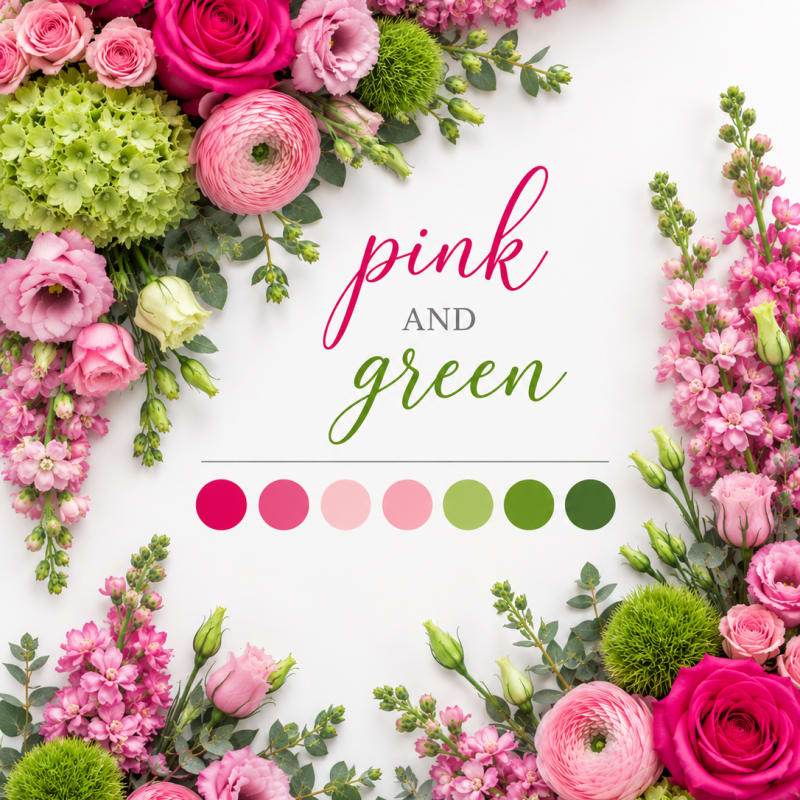 Pink and green floral arrangement with roses, ranunculus, and lisianthus