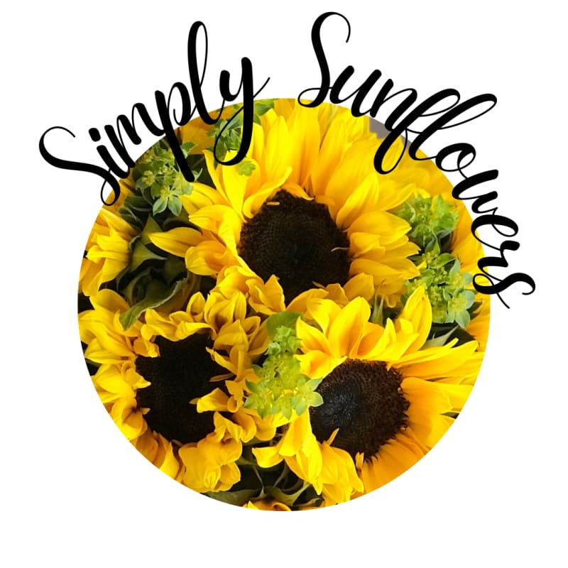 Round bouquet of yellow sunflowers with green filler