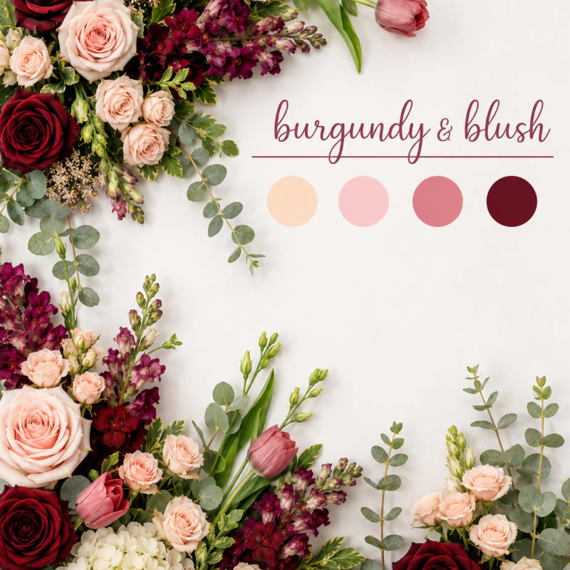Burgundy and blush floral arrangement with roses, tulips, and hydrangeas