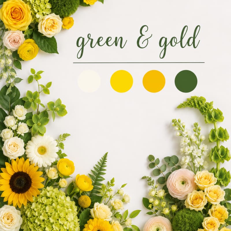 Yellow and white floral arrangement with green accents and a sunflower border
