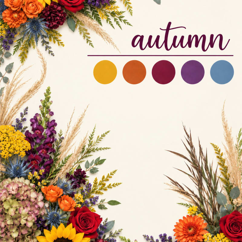 Autumn floral border with sunflowers, roses, and mixed blooms around the edges