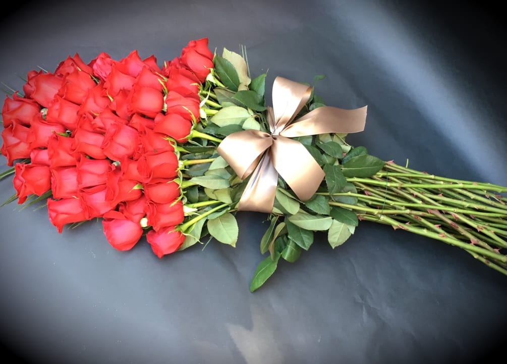 Four Dozen 70 Red Roses Bouquet Tied With Satin Champagne Bow By Villasgardens