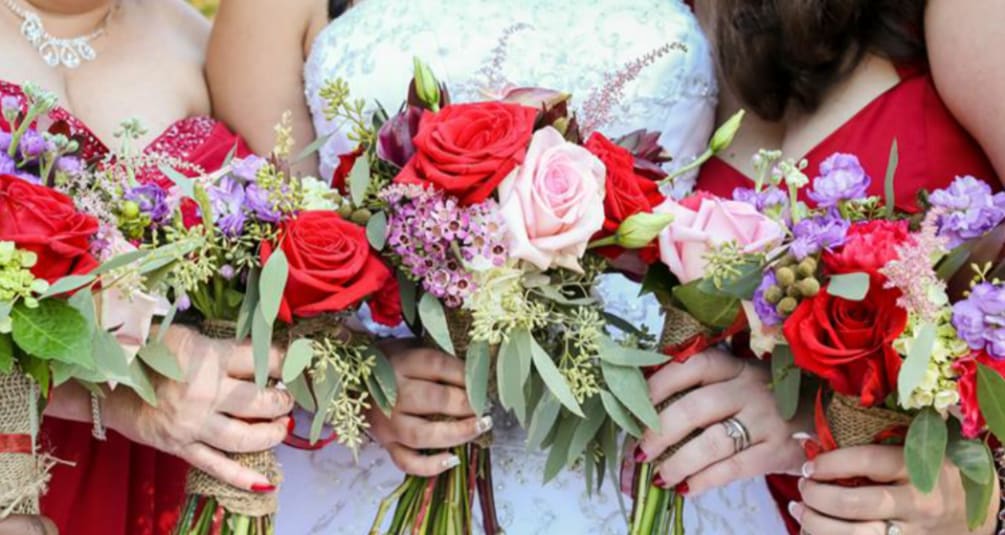 Wedding Bouquet Red And Pink Roses With Wax Flower By Annie S Floral Boutique