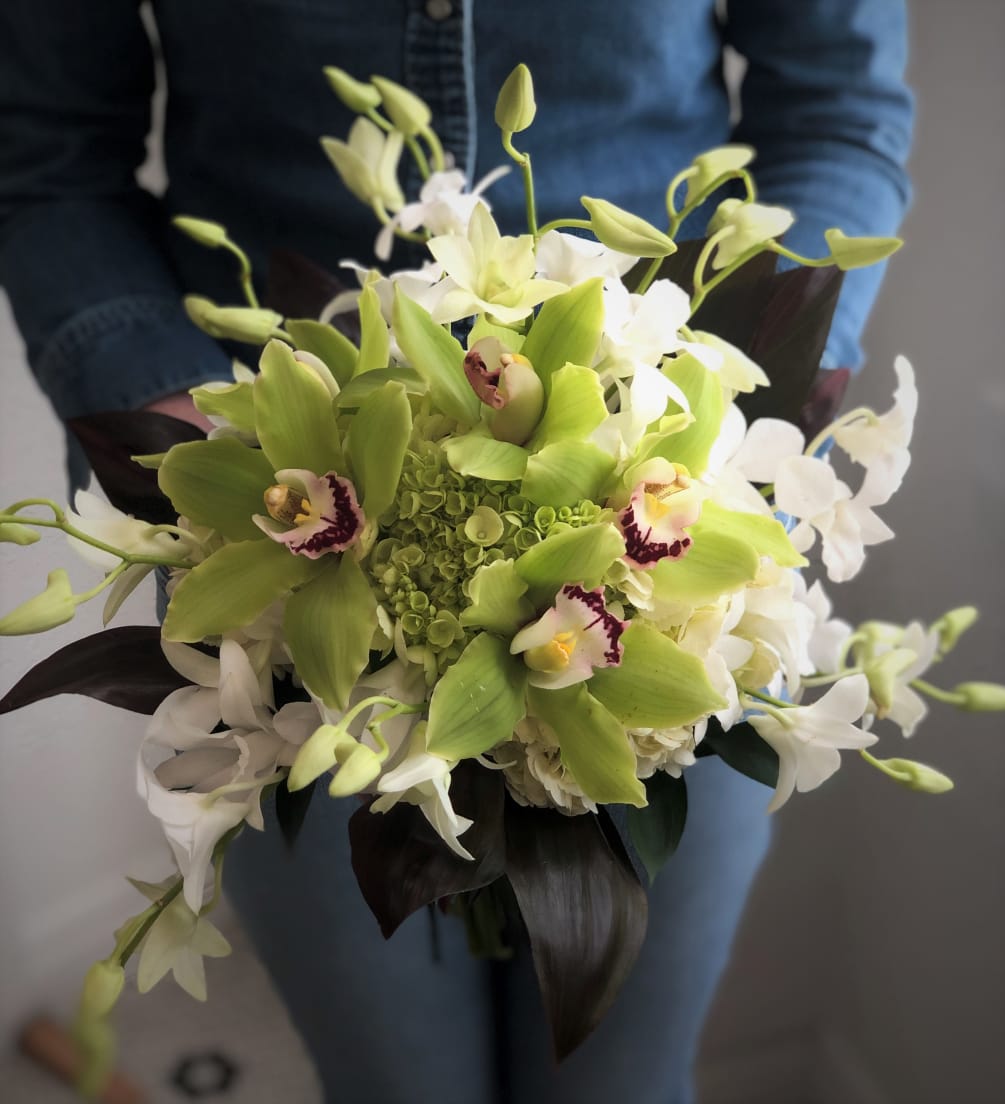 Green Cymbidium White Dendrobium Orchid Hand Tied Bridal Bouquet By A Garden Floral