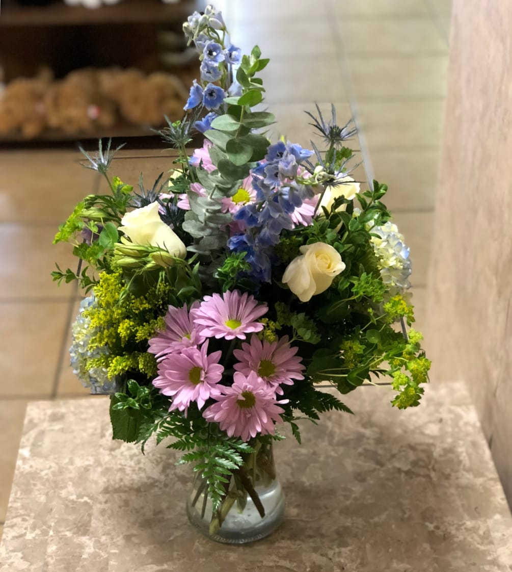 welcome baby boy flower arrangement