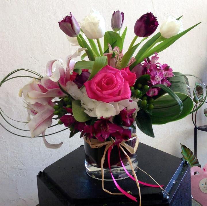 Tulips, roses,stargazer and hydrangea mix bouquet