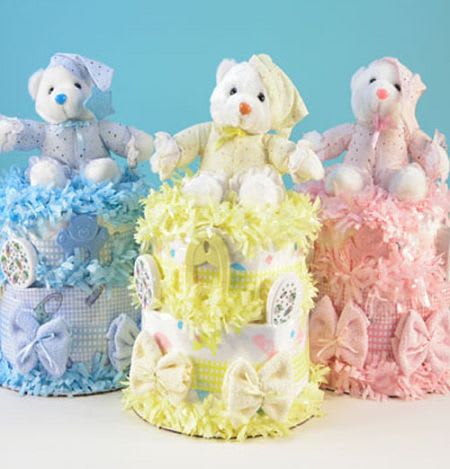 This adorable cake is made of all natural diapers and topped with