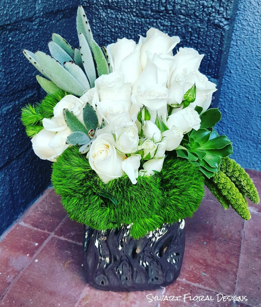 This little cutie includes, Green Dianthus or green hydrangeas if available, Spray