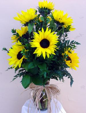 Bright and cheerful sunflowers in urn vase. 
(13&quot;w x 21&quot;h) 