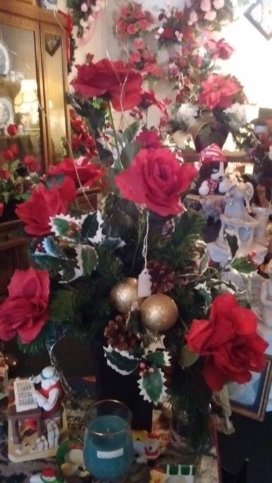 Table Top in Tin Vase. Red Roses, Pine, Pine Cones, Holly, Red