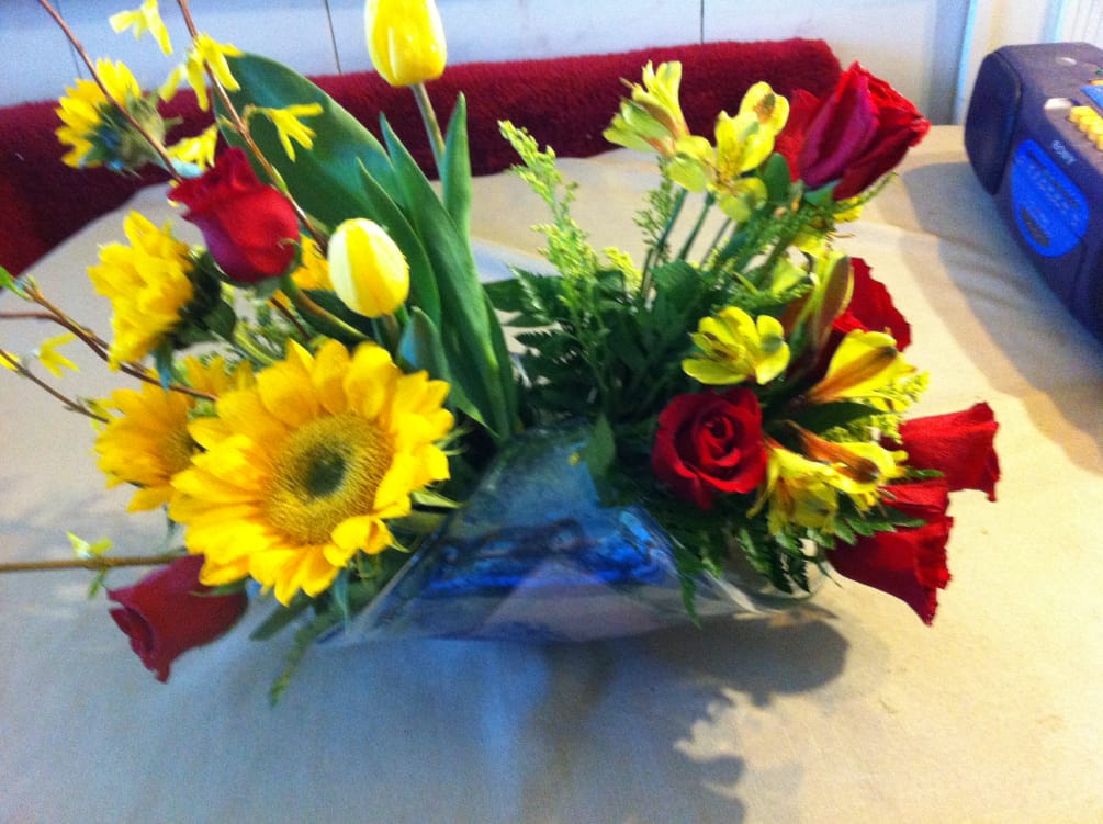 Collectible Glass Gathering Basket with Yellow Sunflowers, Yellow Tulips, Yellow Alstroemeria, Yellow