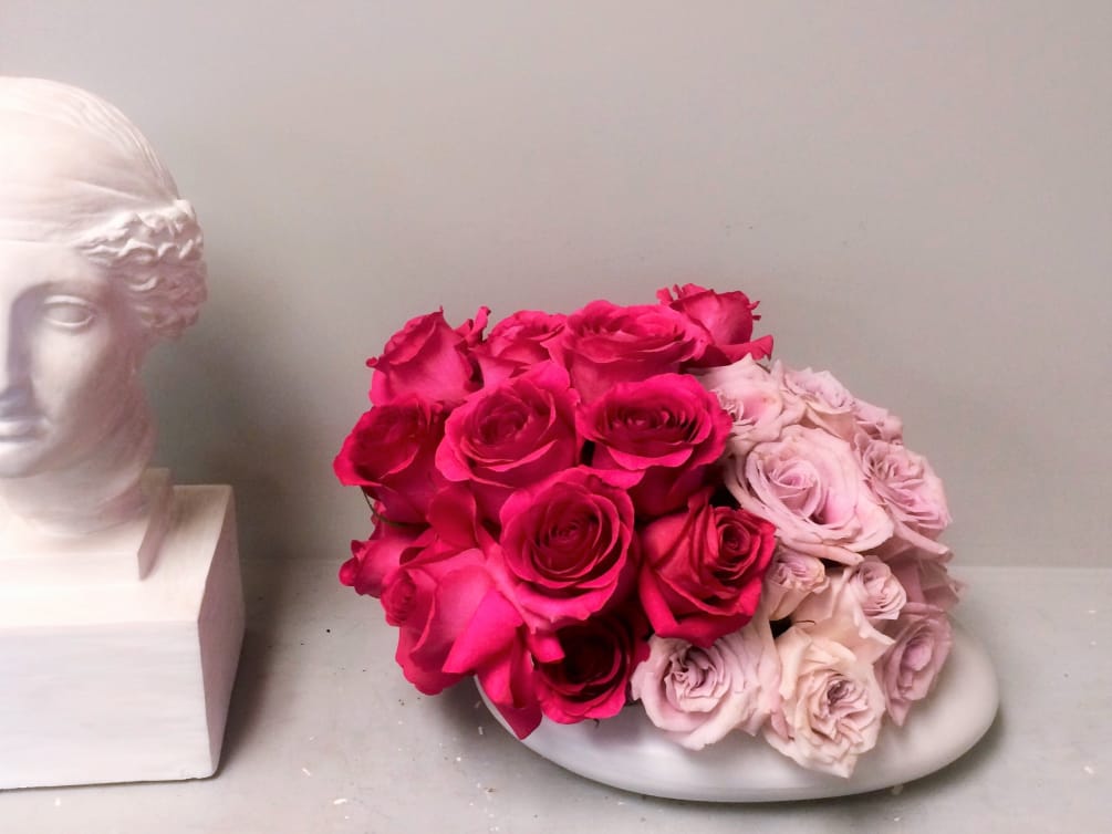 Hot Pink Roses + Soft Pink Roses with white ceramic oval vase.