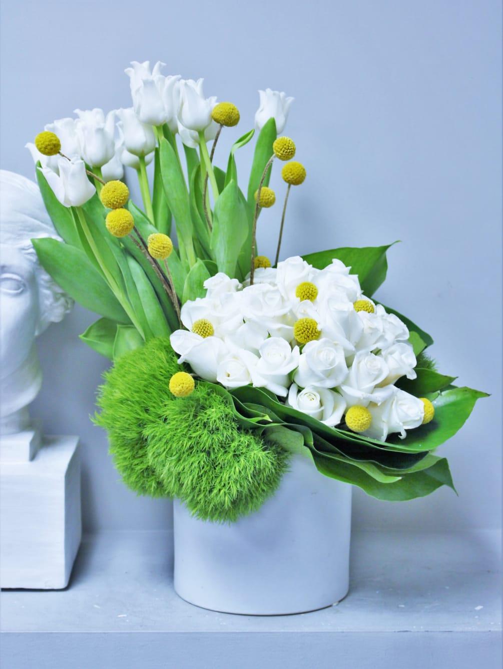 White Roses, White Tulips, Yellow Billy-Ball Flowers, White Ceramic Vase.