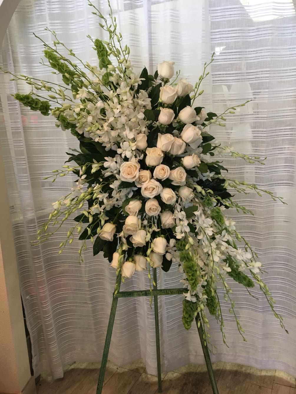 White Rose & White Dendro Orchid Funeral Spray by Westlake Florist