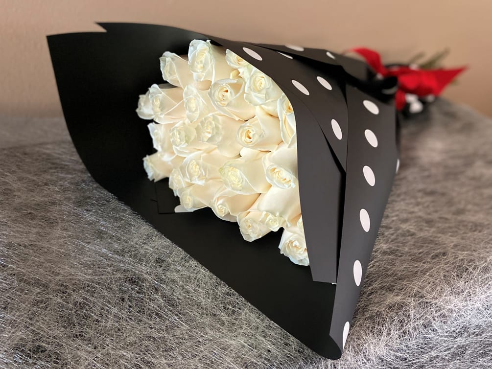 2 Dozen White Roses, Wrapped with Black Paper White Balls, and Red