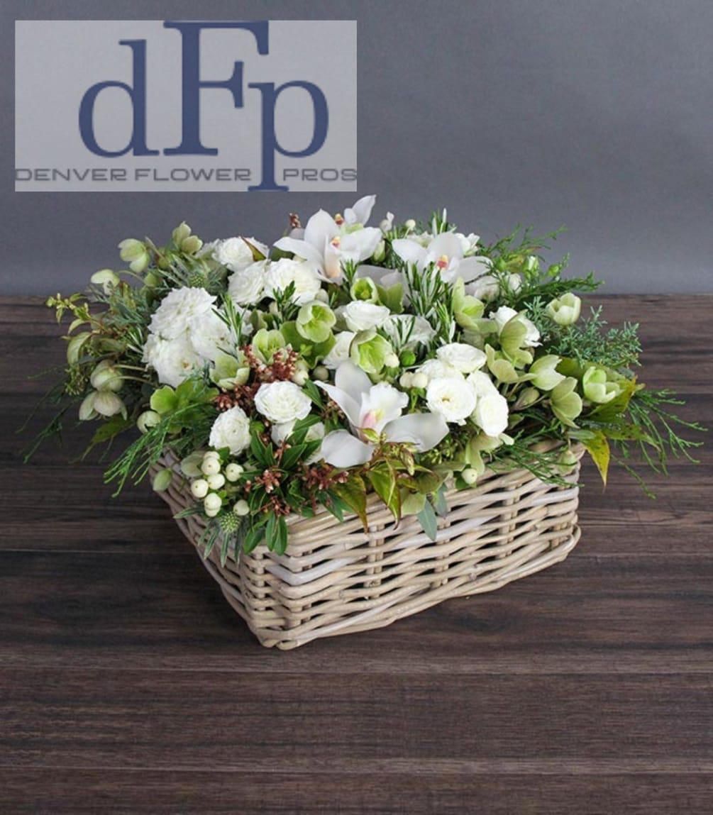 The White and Green Flower Basket Arrangement by Denver Flower Pros
