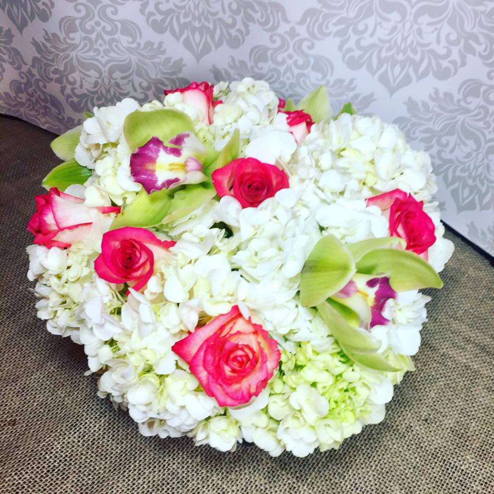 Pink and White Roses in White Hydrangea with Green Cymbidium Orchids in