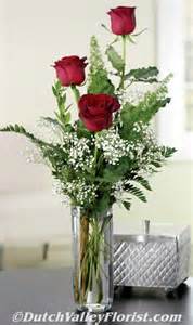 3 Lovely red roses in a vase, with filler and bow..the perfect