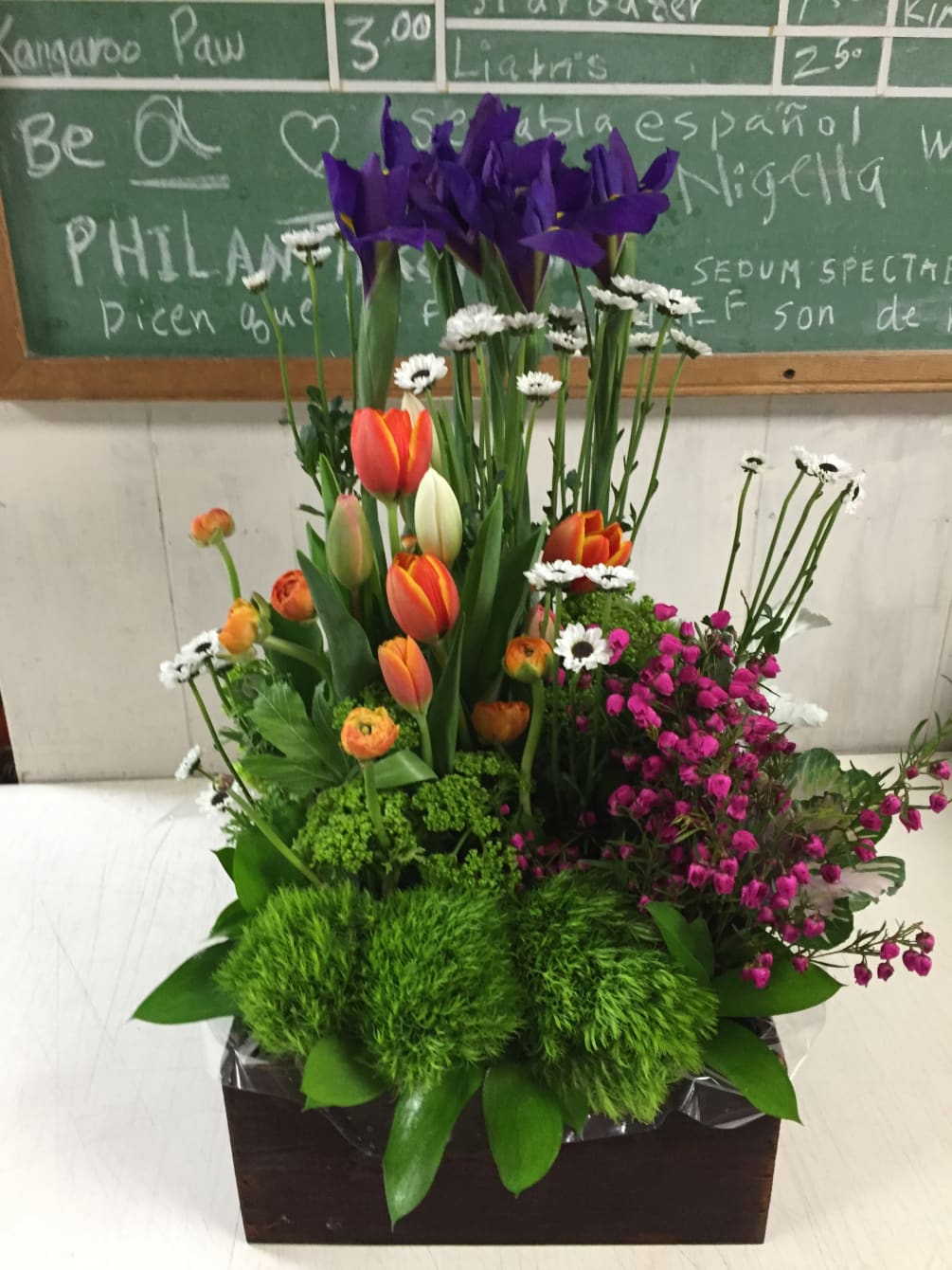  irises ,tulips  and green dianthus and mini daisies a look