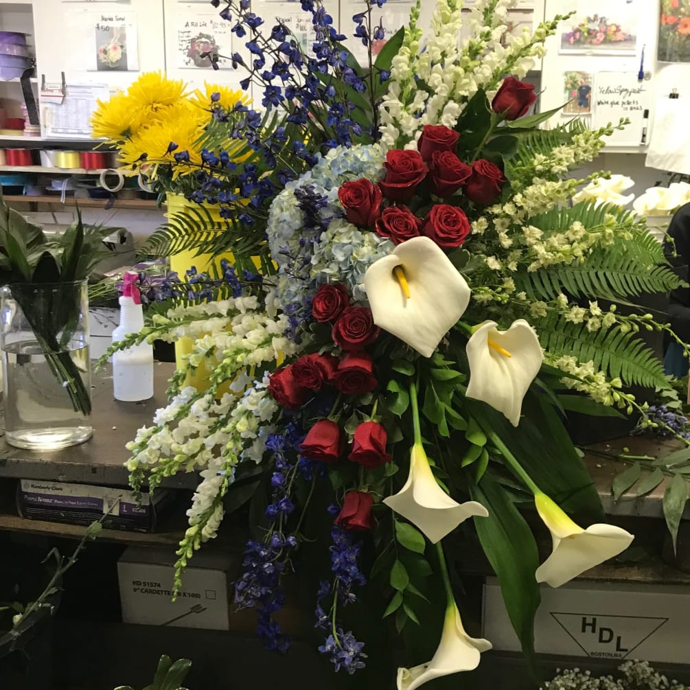 Red Roses, Blue Hydrangea, Large White Calla Lily 