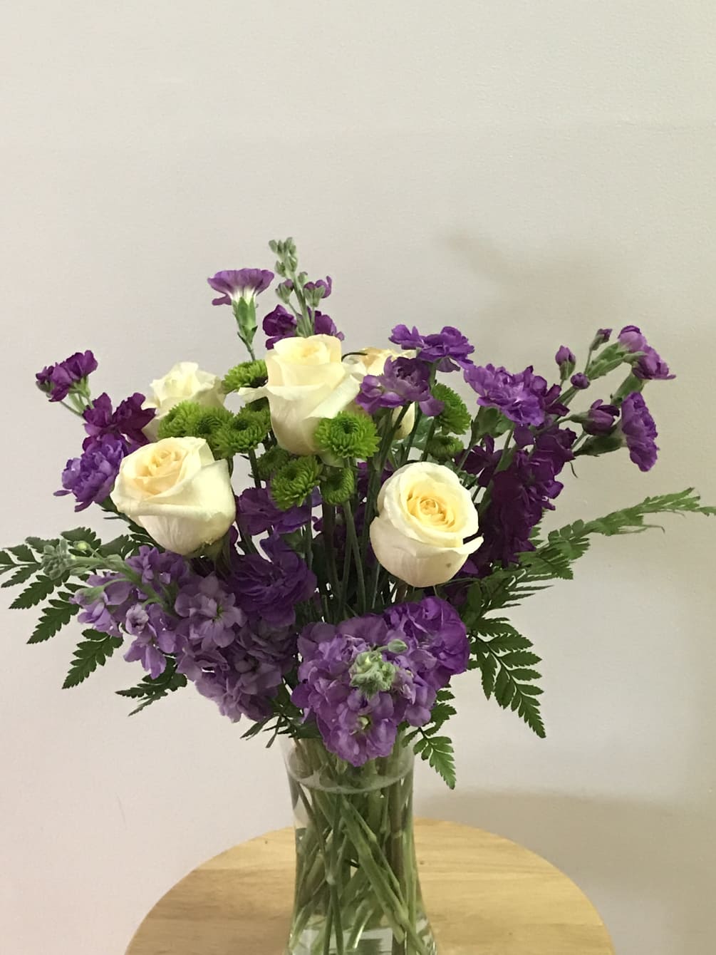 Lavender And Purple Stocks With Cream Or Yellow Rose By Flowers At Daisies Wedding Designs